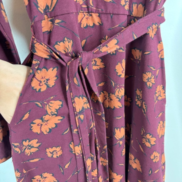 Pact Long Sleeve Midi Dress S Organic Cotton Floral Plum Pockets Belt Boho Fall - Picture 3 of 9